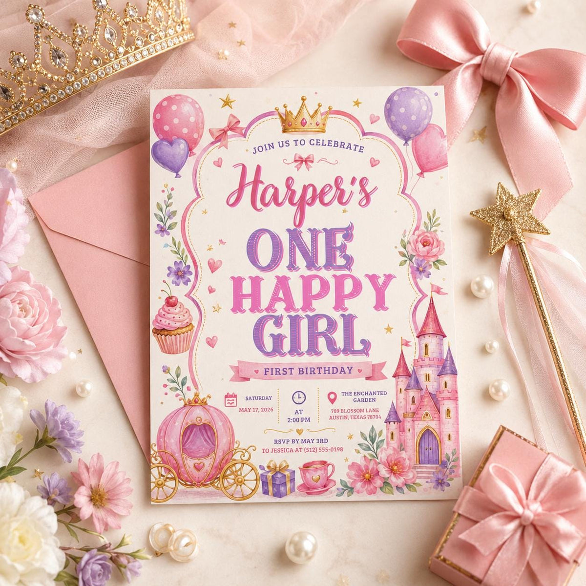 Editable Princess Birthday Invitation Canva Template, Pink Girls Kids Cute Fun DIY Sweet Chic Teen Party Invite, Printable Digital Download.