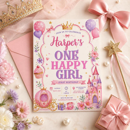 Editable Princess Birthday Invitation Canva Template, Pink Girls Kids Cute Fun DIY Sweet Chic Teen Party Invite, Printable Digital Download.