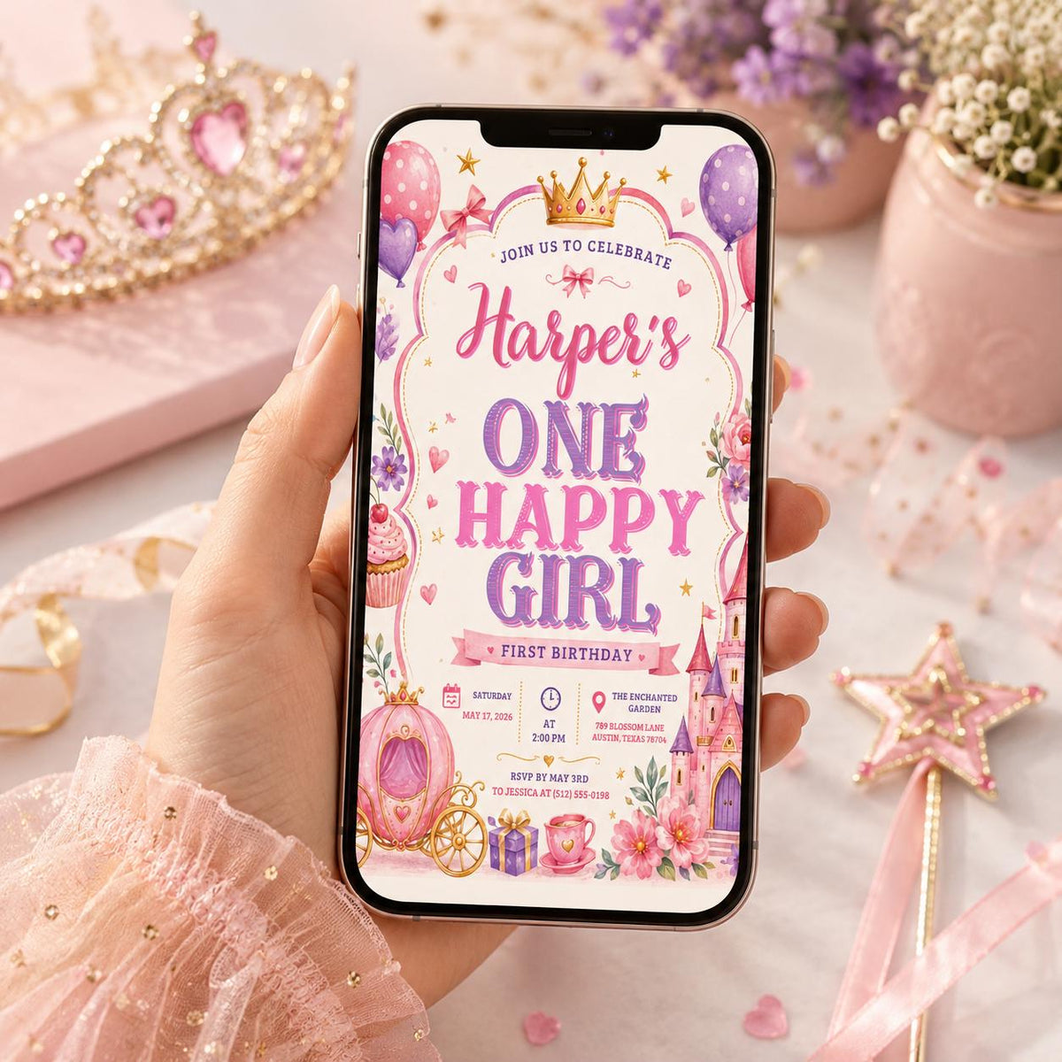 Editable Princess Birthday Invitation Canva Template, Pink Girls Kids Cute Fun DIY Sweet Chic Teen Party Invite, Printable Digital Download.