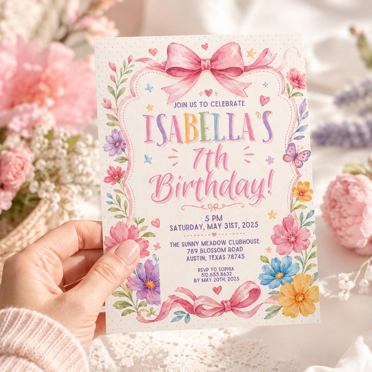 Editable Wildflower Birthday Invitation Canva Template, Pink Boho Floral Girls Cute Modern Fun DIY Party Invite, Printable Digital Download.