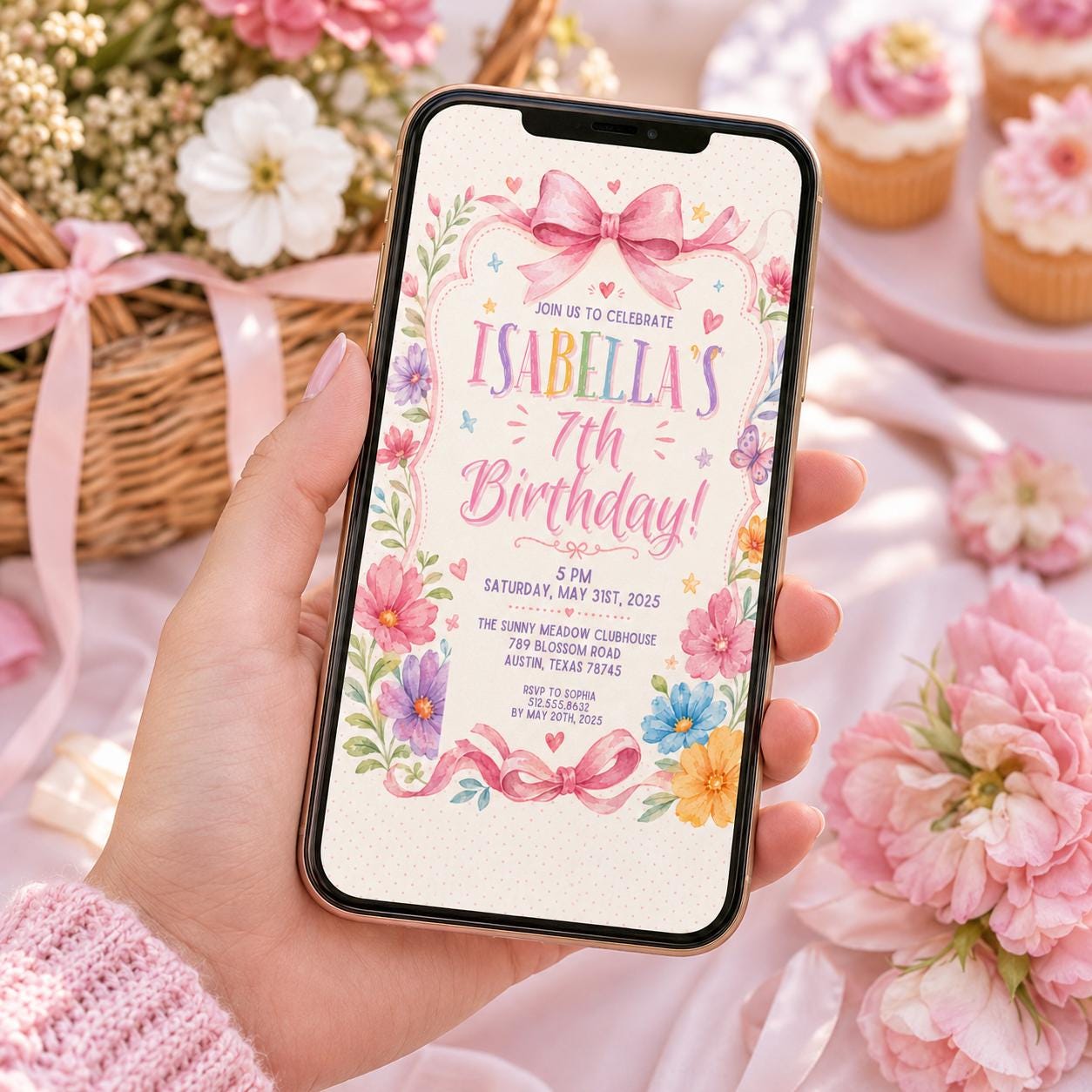 Editable Wildflower Birthday Invitation Canva Template, Pink Boho Floral Girls Cute Modern Fun DIY Party Invite, Printable Digital Download.