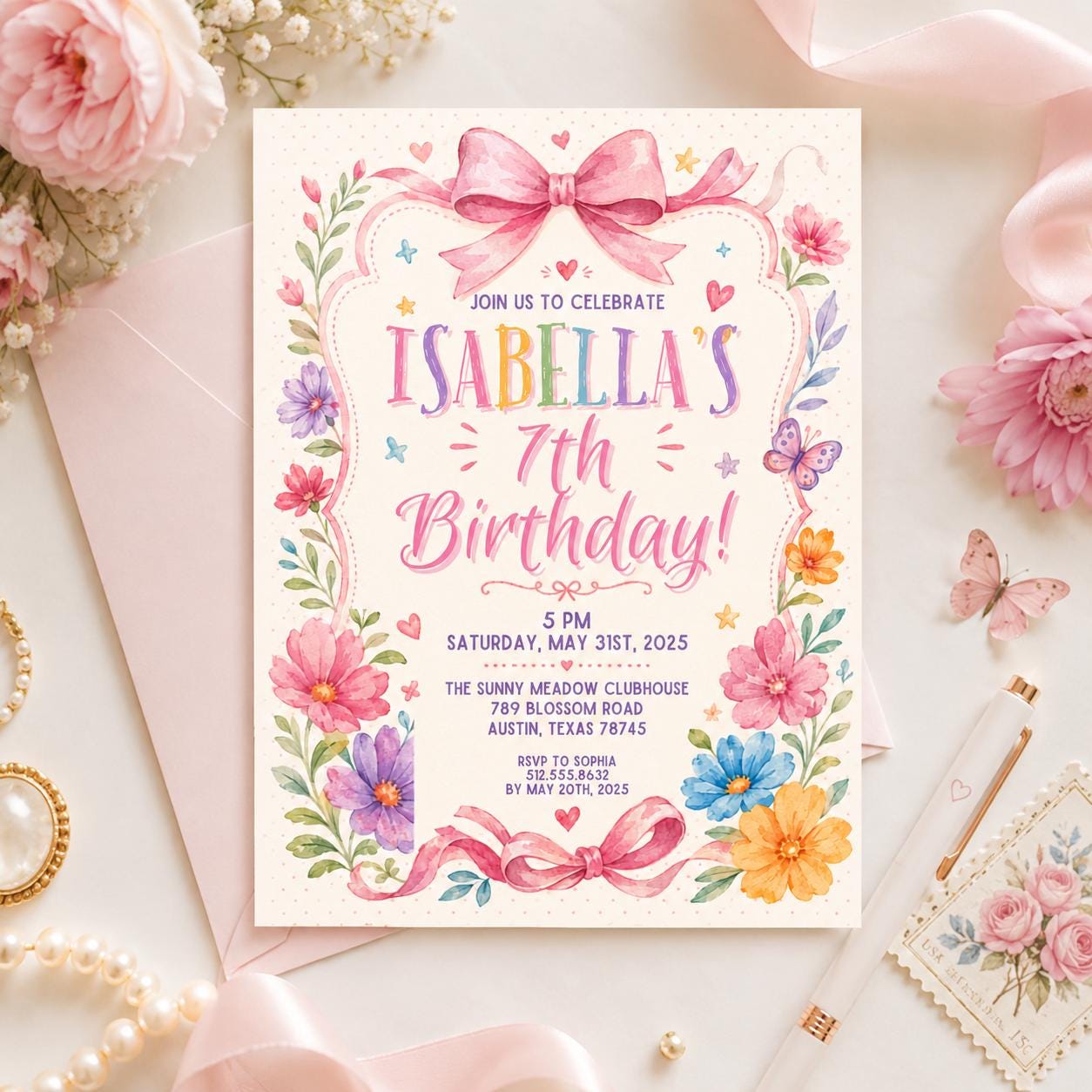 Editable Wildflower Birthday Invitation Canva Template, Pink Boho Floral Girls Cute Modern Fun DIY Party Invite, Printable Digital Download.