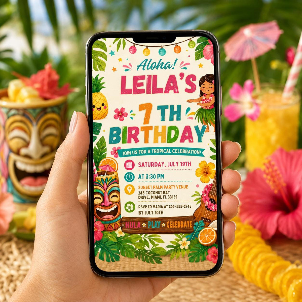 Editable Tropical Birthday Invitation Canva Template, Kids Summer Cute Modern Fun Themed DIY Sweet Party Invite, Printable Digital Download.