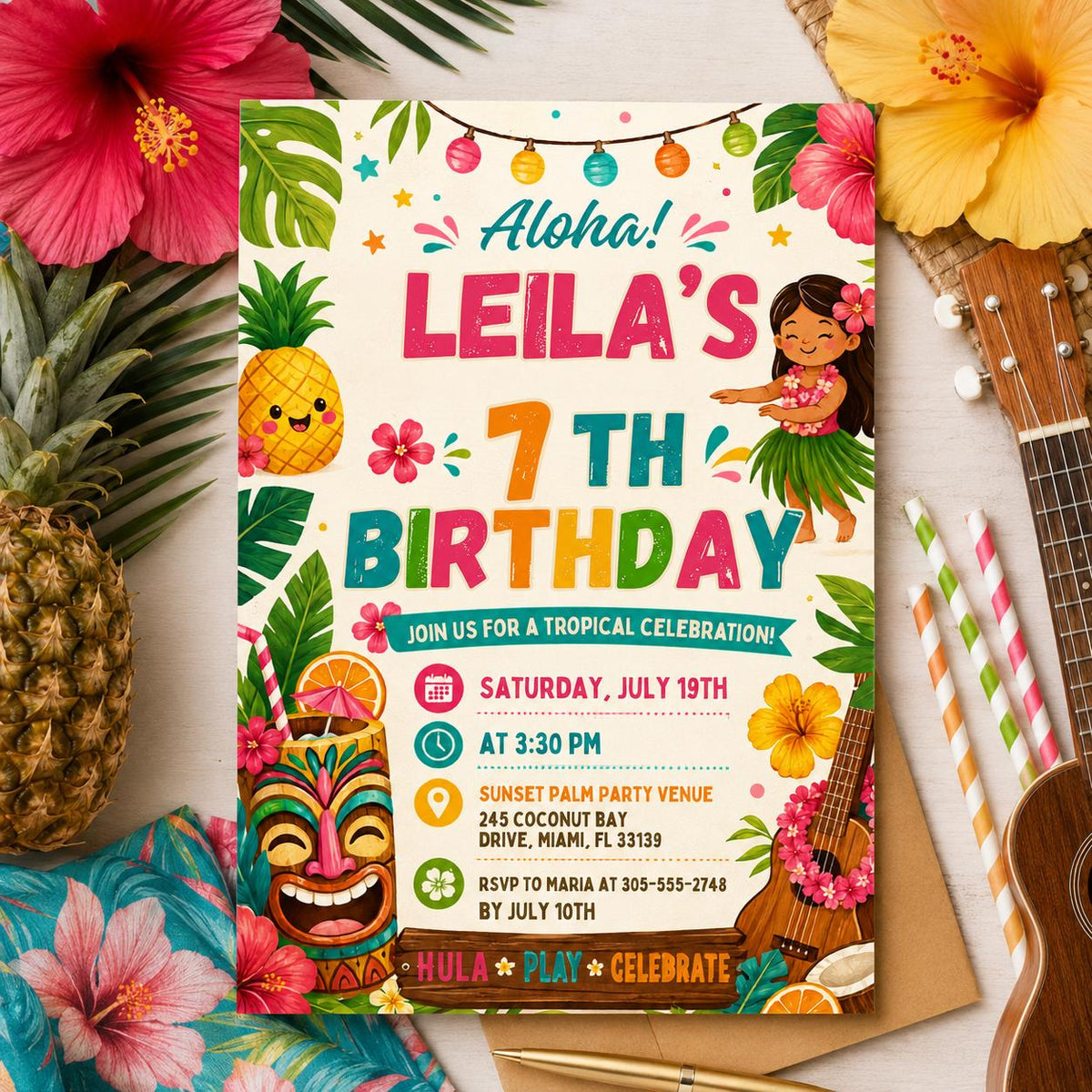 Editable Tropical Birthday Invitation Canva Template, Kids Summer Cute Modern Fun Themed DIY Sweet Party Invite, Printable Digital Download.