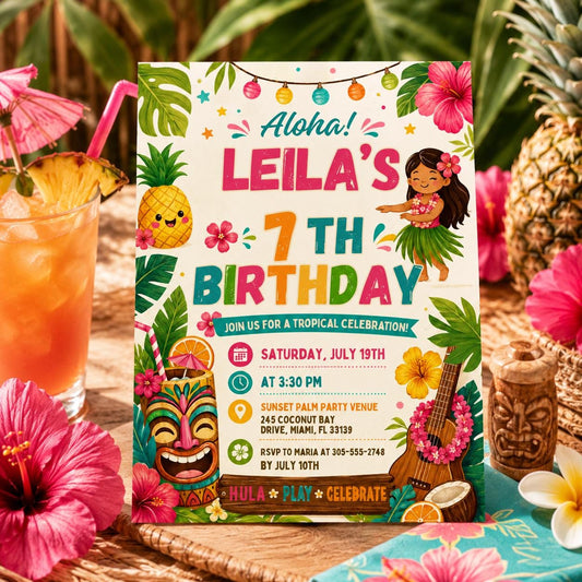 Editable Tropical Birthday Invitation Canva Template, Kids Summer Cute Modern Fun Themed DIY Sweet Party Invite, Printable Digital Download.