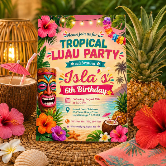 Editable Tropical Birthday Invitation Canva Template, Kids Summer Cute Modern Fun Themed DIY Sweet Party Invite, Printable Digital Download.