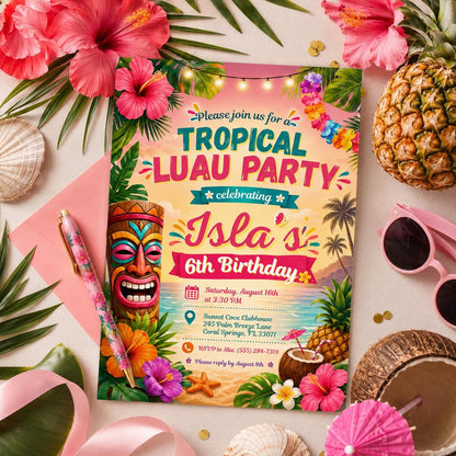 Editable Tropical Birthday Invitation Canva Template, Kids Summer Cute Modern Fun Themed DIY Sweet Party Invite, Printable Digital Download.