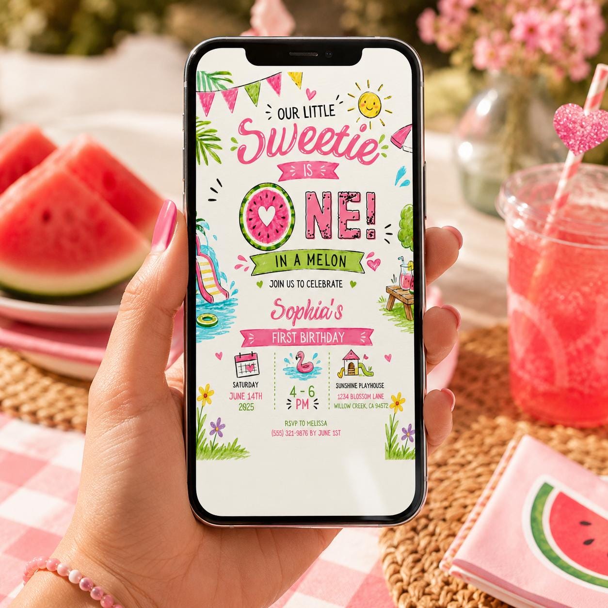 Editable Watermelon Birthday Invitation Canva Template, Pink Girls Kids Summer Cute Modern Fun DIY Party Invite, Printable Digital Download.