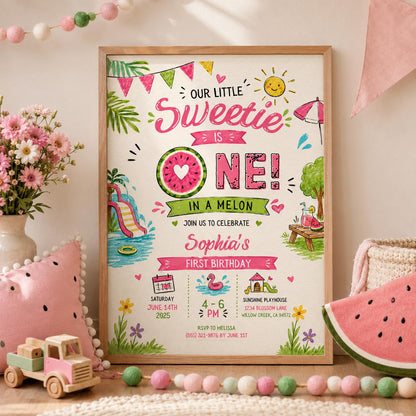 Editable Watermelon Birthday Invitation Canva Template, Pink Girls Kids Summer Cute Modern Fun DIY Party Invite, Printable Digital Download.