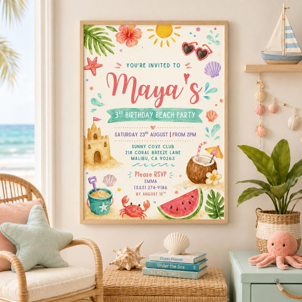 Editable Beach Birthday Invitation Canva Template, Pink Girls Beach Cute Modern Fun DIY Sweet Chic Party Invite, Printable Digital Download.