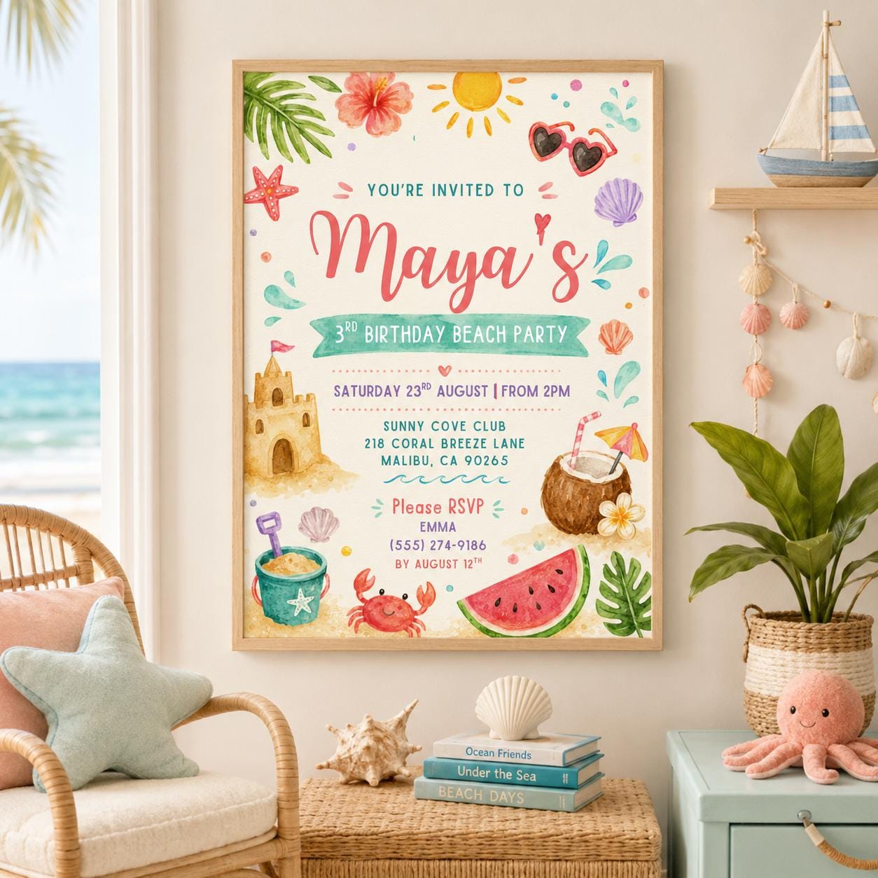 Editable Beach Birthday Invitation Canva Template, Pink Girls Beach Cute Modern Fun DIY Sweet Chic Party Invite, Printable Digital Download.