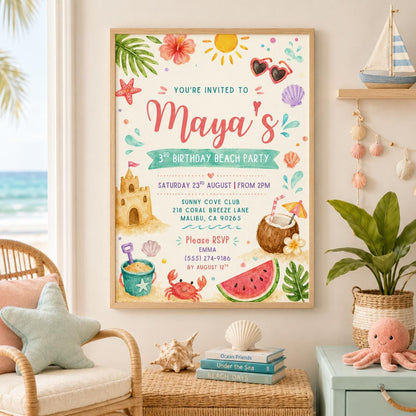 Editable Beach Birthday Invitation Canva Template, Pink Girls Beach Cute Modern Fun DIY Sweet Chic Party Invite, Printable Digital Download.