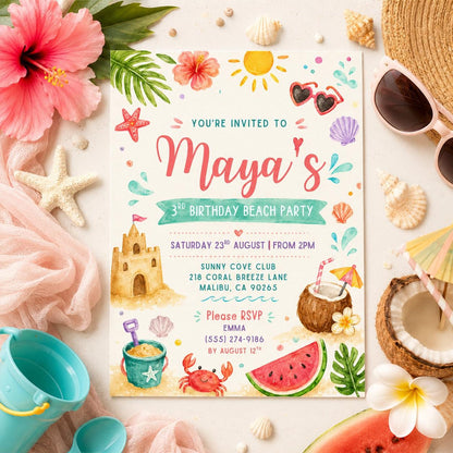 Editable Beach Birthday Invitation Canva Template, Pink Girls Beach Cute Modern Fun DIY Sweet Chic Party Invite, Printable Digital Download.