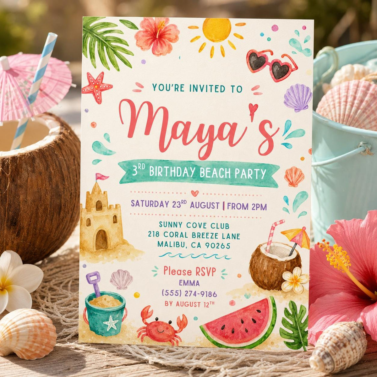 Editable Beach Birthday Invitation Canva Template, Pink Girls Beach Cute Modern Fun DIY Sweet Chic Party Invite, Printable Digital Download.