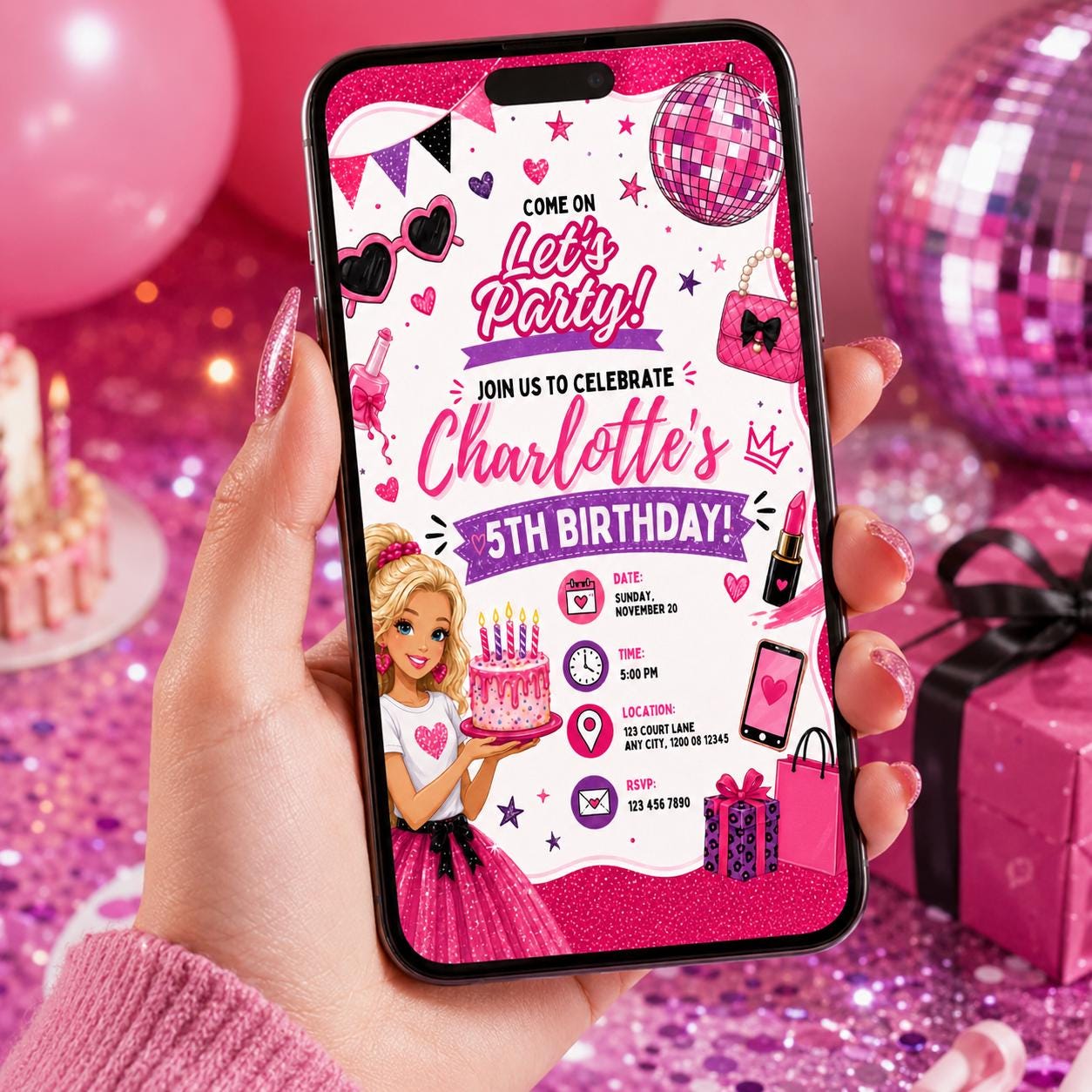 Editable Fashion Doll Birthday Invitation Canva Template, Pink Girls Cute Modern Fun DIY Chic Kids Party Invite, Printable Digital Download.