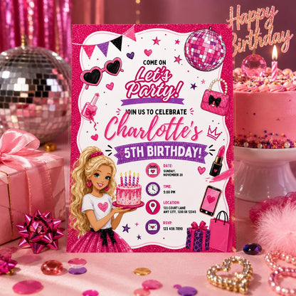 Editable Fashion Doll Birthday Invitation Canva Template, Pink Girls Cute Modern Fun DIY Chic Kids Party Invite, Printable Digital Download.