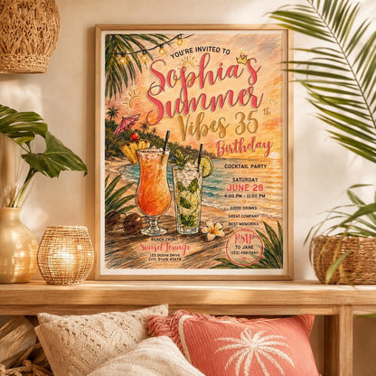 Editable Tropical Birthday Invitation Canva Template, Girls Adult Summer Cute Modern Fun DIY Sweet Party Invite, Printable Digital Download.