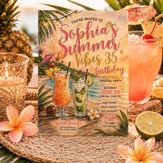 Editable Tropical Birthday Invitation Canva Template, Girls Adult Summer Cute Modern Fun DIY Sweet Party Invite, Printable Digital Download.