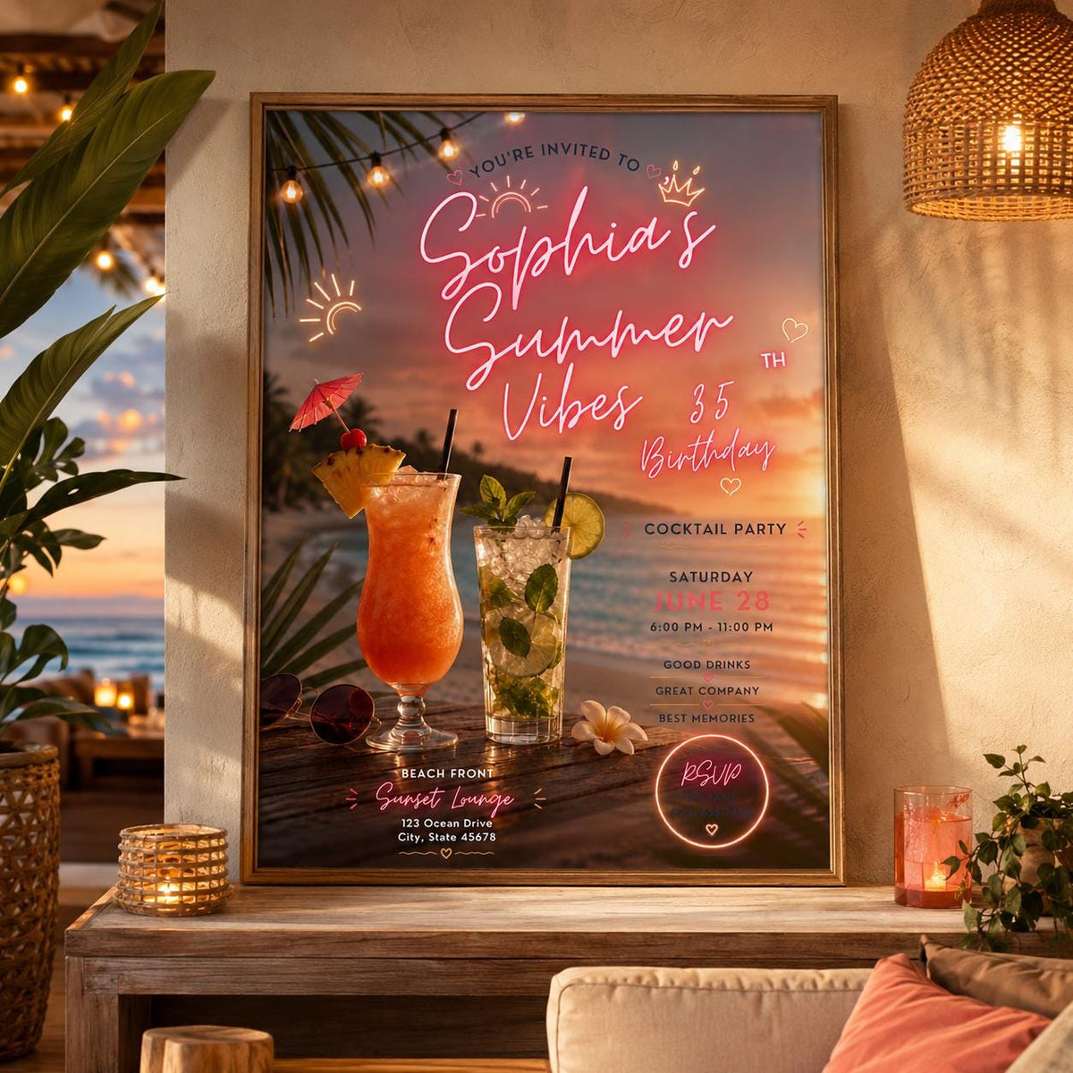 Editable Tropical Birthday Invitation Canva Template, Girls Adult Summer Cute Modern Fun DIY Sweet Party Invite, Printable Digital Download.