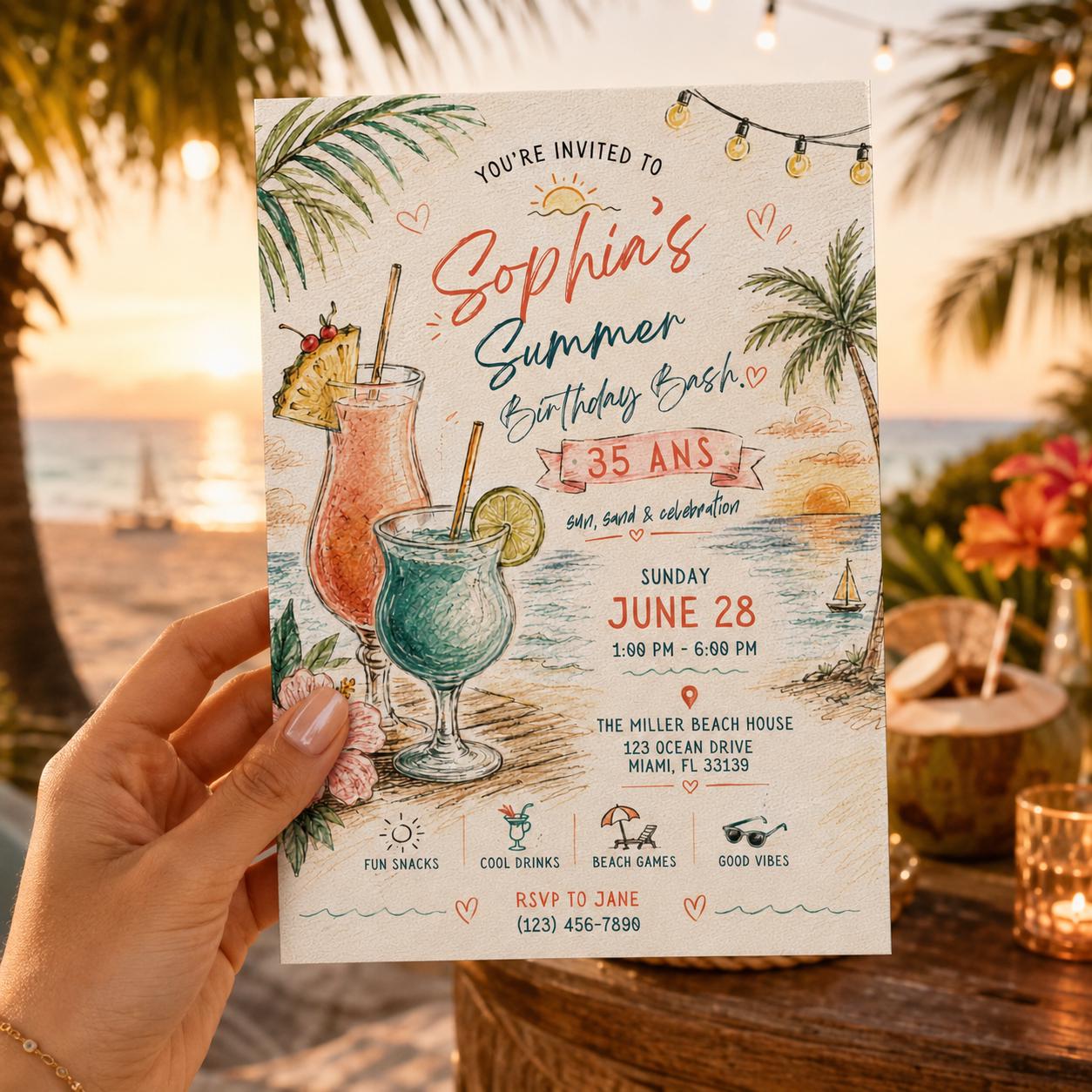 Editable Tropical Birthday Invitation Canva Template, Girls Adult Summer Cute Modern Fun DIY Sweet Party Invite, Printable Digital Download.