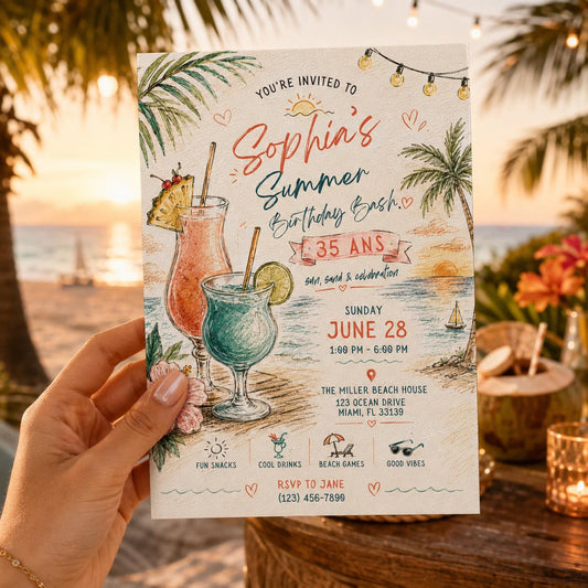 Editable Tropical Birthday Invitation Canva Template, Girls Adult Summer Cute Modern Fun DIY Sweet Party Invite, Printable Digital Download.
