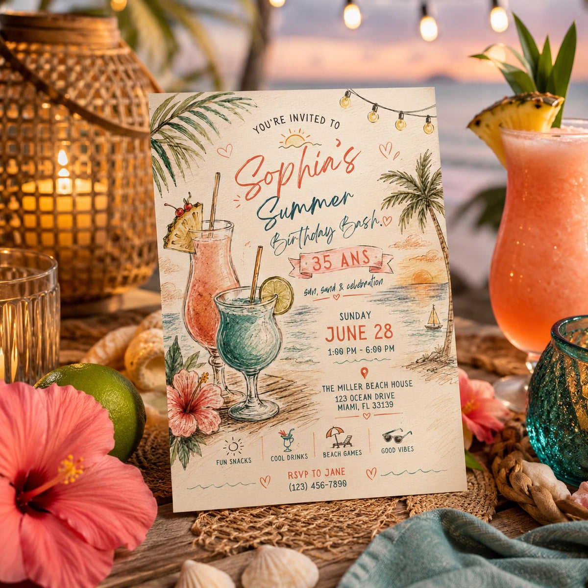 Editable Tropical Birthday Invitation Canva Template, Girls Adult Summer Cute Modern Fun DIY Sweet Party Invite, Printable Digital Download.