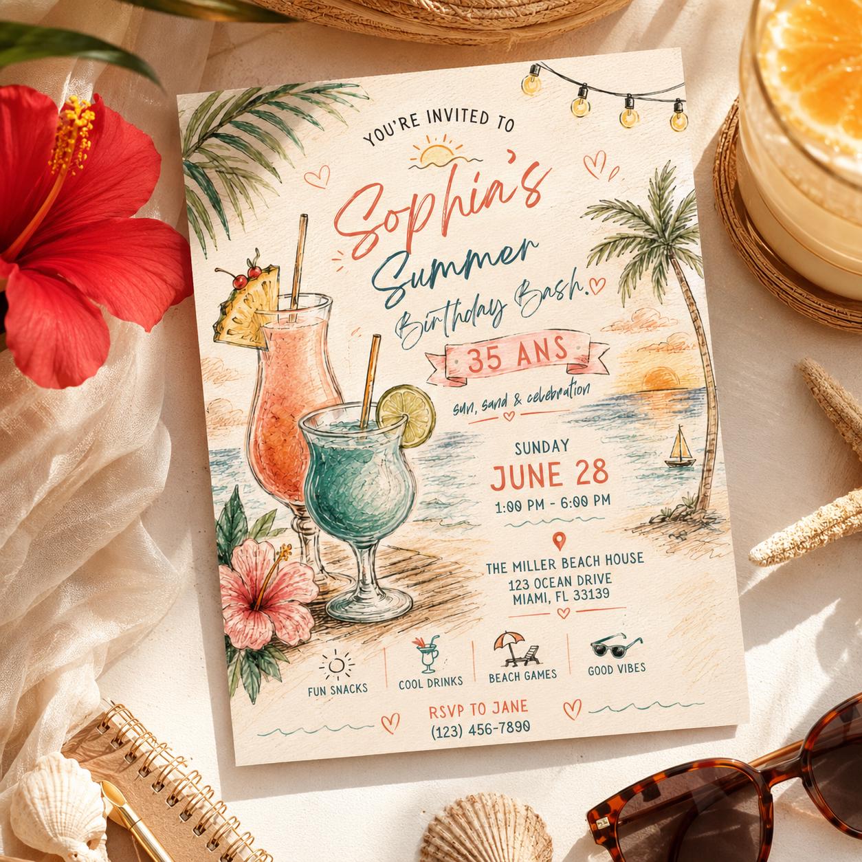 Editable Tropical Birthday Invitation Canva Template, Girls Adult Summer Cute Modern Fun DIY Sweet Party Invite, Printable Digital Download.