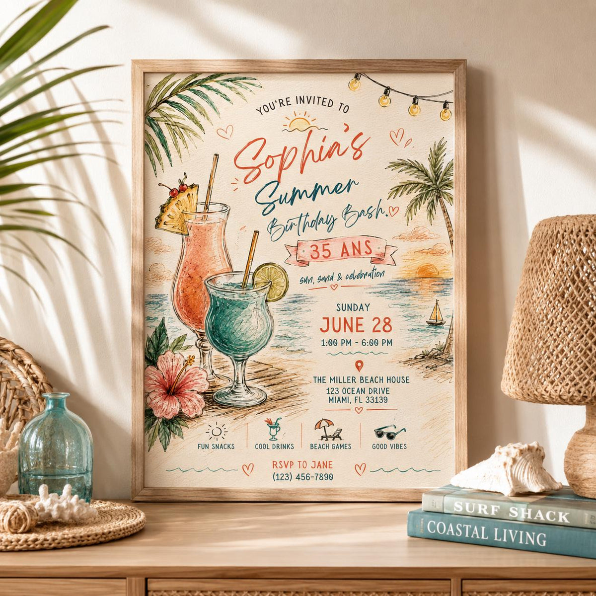 Editable Tropical Birthday Invitation Canva Template, Girls Adult Summer Cute Modern Fun DIY Sweet Party Invite, Printable Digital Download.