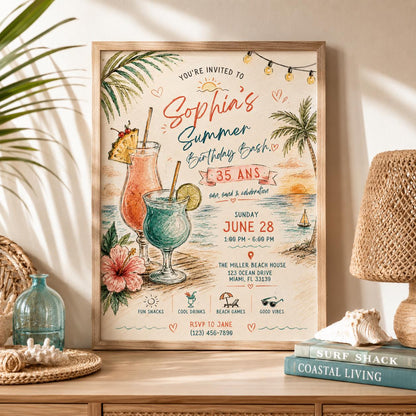 Editable Tropical Birthday Invitation Canva Template, Girls Adult Summer Cute Modern Fun DIY Sweet Party Invite, Printable Digital Download.