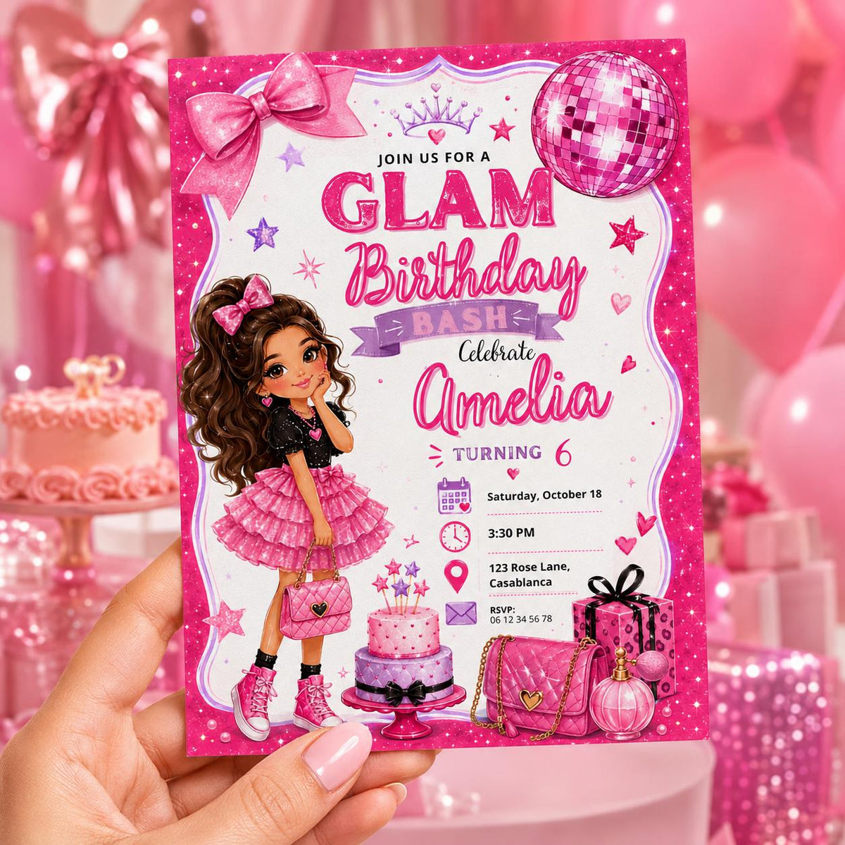 Editable Fashion Doll Birthday Invitation Canva Template, Pink Girls Cute Modern Fun DIY Chic Kids Party Invite, Printable Digital Download.