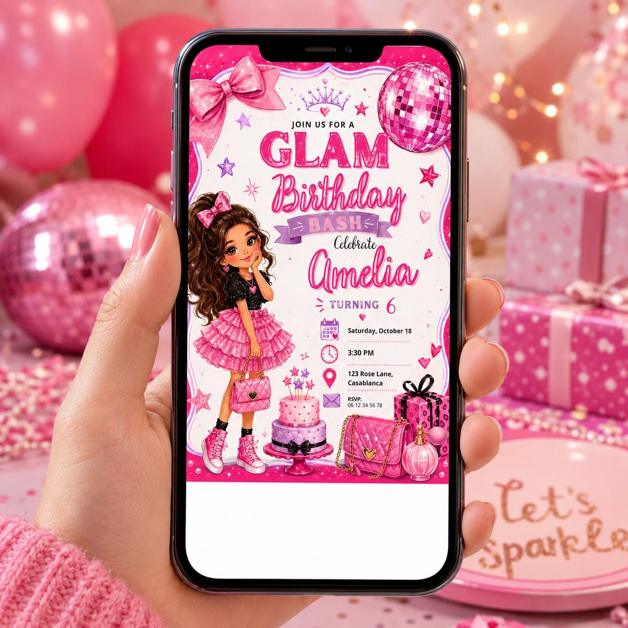 Editable Fashion Doll Birthday Invitation Canva Template, Pink Girls Cute Modern Fun DIY Chic Kids Party Invite, Printable Digital Download.