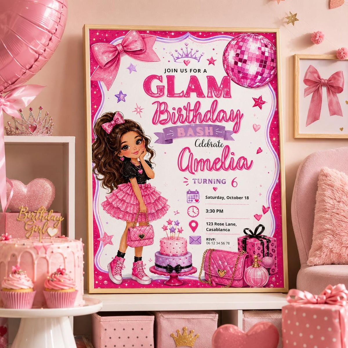 Editable Fashion Doll Birthday Invitation Canva Template, Pink Girls Cute Modern Fun DIY Chic Kids Party Invite, Printable Digital Download.