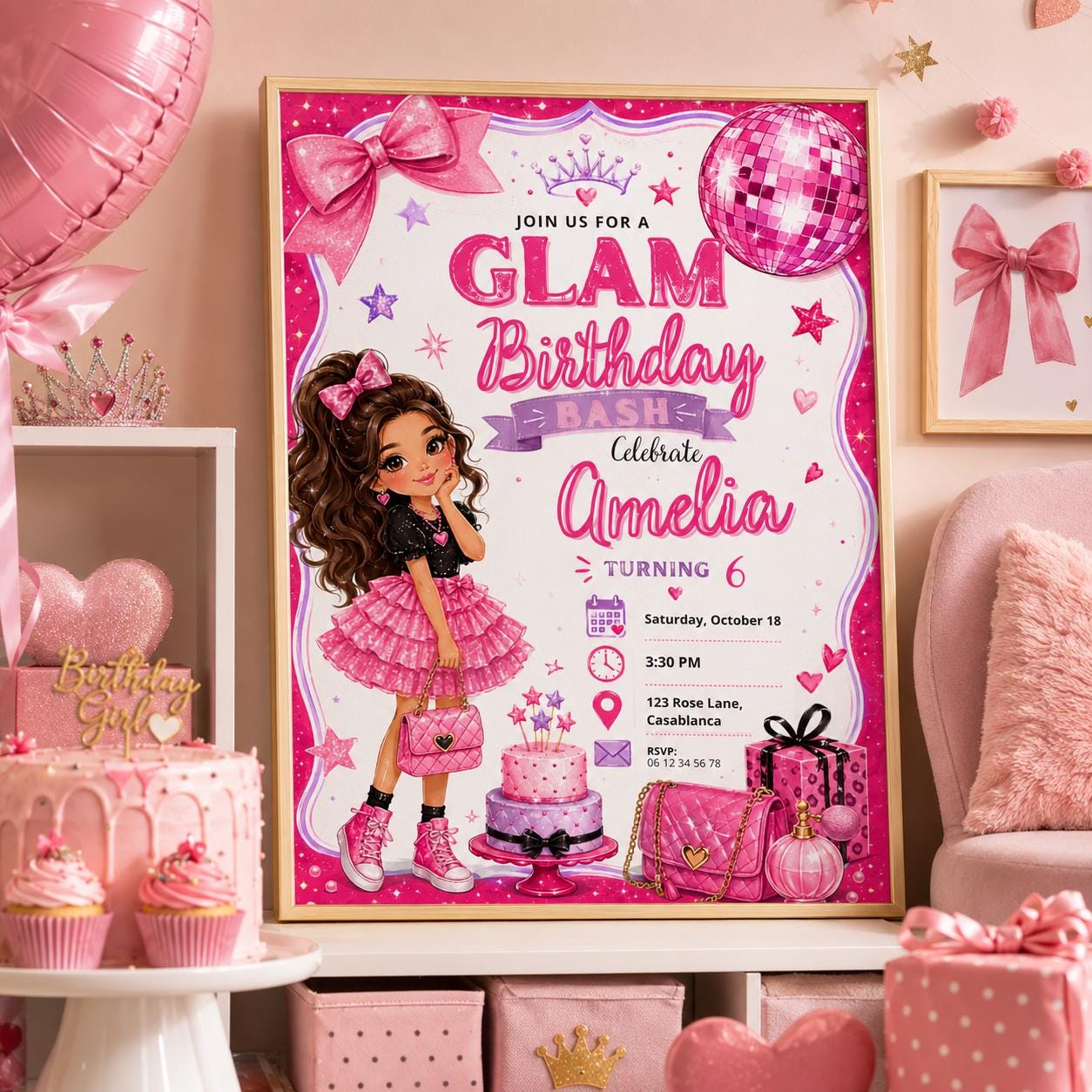 Editable Fashion Doll Birthday Invitation Canva Template, Pink Girls Cute Modern Fun DIY Chic Kids Party Invite, Printable Digital Download.