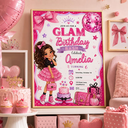 Editable Fashion Doll Birthday Invitation Canva Template, Pink Girls Cute Modern Fun DIY Chic Kids Party Invite, Printable Digital Download.
