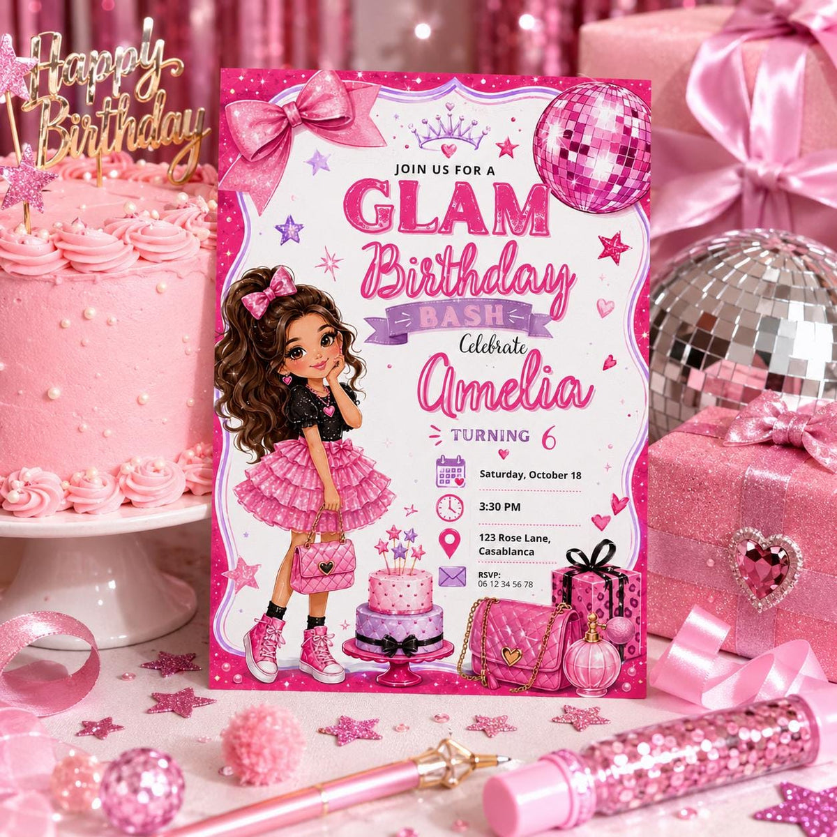 Editable Fashion Doll Birthday Invitation Canva Template, Pink Girls Cute Modern Fun DIY Chic Kids Party Invite, Printable Digital Download.