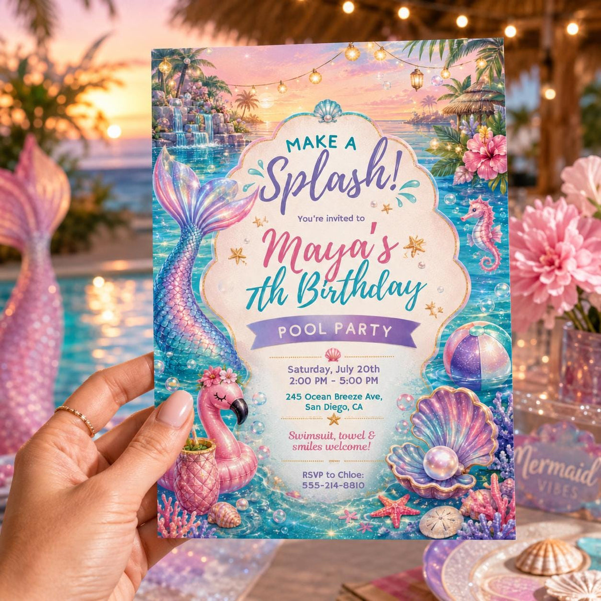 Editable Mermaid Birthday Invitation Canva Template, Pink Purple Gold Girls Cute Fun DIY Chic Kids Party Invite, Printable Digital Download.