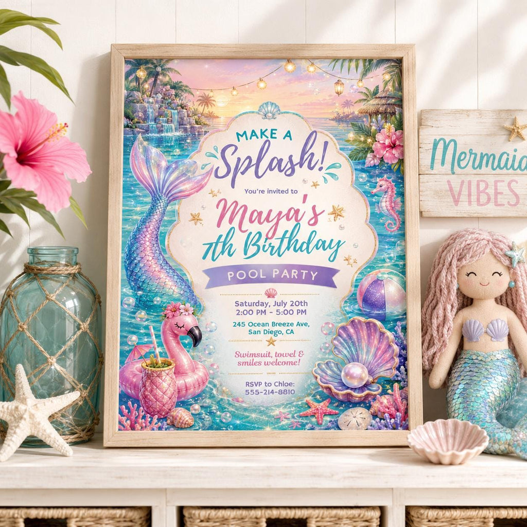 Editable Mermaid Birthday Invitation Canva Template, Pink Purple Gold Girls Cute Fun DIY Chic Kids Party Invite, Printable Digital Download.