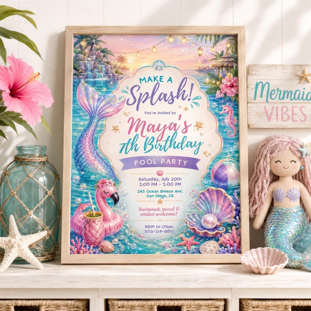 Editable Mermaid Birthday Invitation Canva Template, Pink Purple Gold Girls Cute Fun DIY Chic Kids Party Invite, Printable Digital Download.
