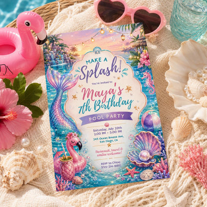 Editable Mermaid Birthday Invitation Canva Template, Pink Purple Gold Girls Cute Fun DIY Chic Kids Party Invite, Printable Digital Download.