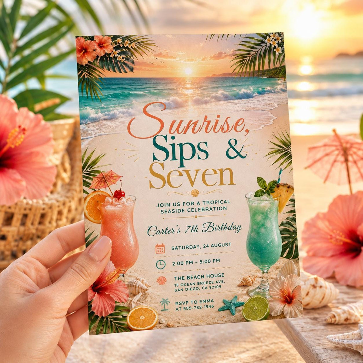 Editable Tropical Birthday Invitation Canva Template, Girls Adult Summer Cute Modern Fun DIY Sweet Party Invite, Printable Digital Download.