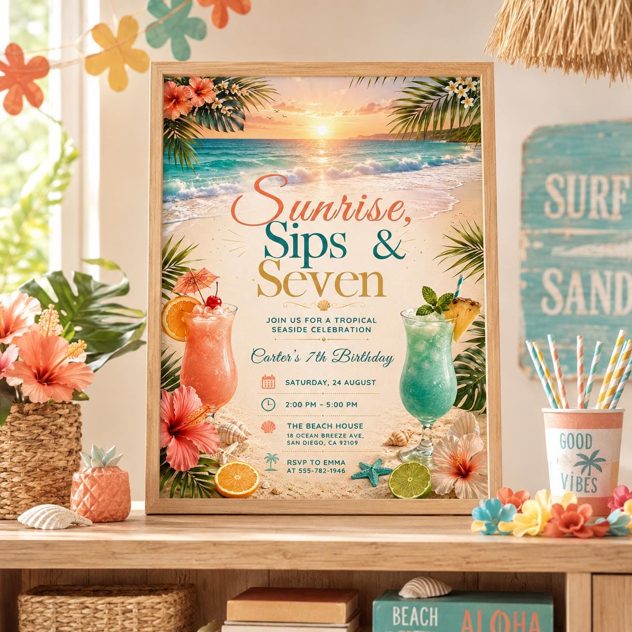 Editable Tropical Birthday Invitation Canva Template, Girls Adult Summer Cute Modern Fun DIY Sweet Party Invite, Printable Digital Download.