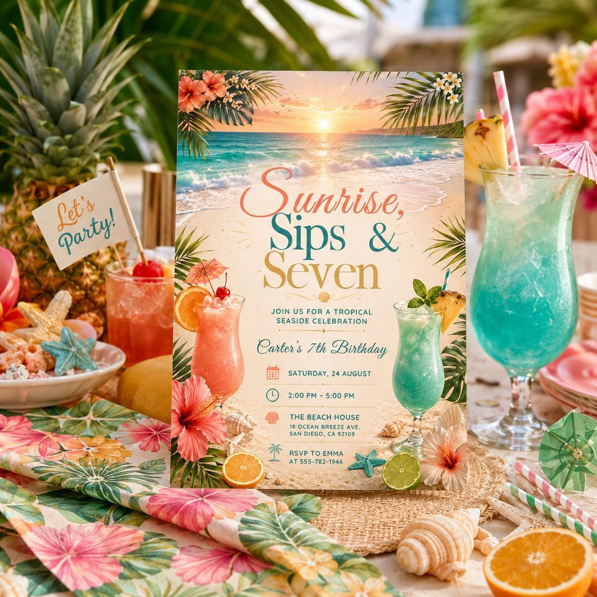 Editable Tropical Birthday Invitation Canva Template, Girls Adult Summer Cute Modern Fun DIY Sweet Party Invite, Printable Digital Download.