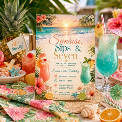 Editable Tropical Birthday Invitation Canva Template, Girls Adult Summer Cute Modern Fun DIY Sweet Party Invite, Printable Digital Download.