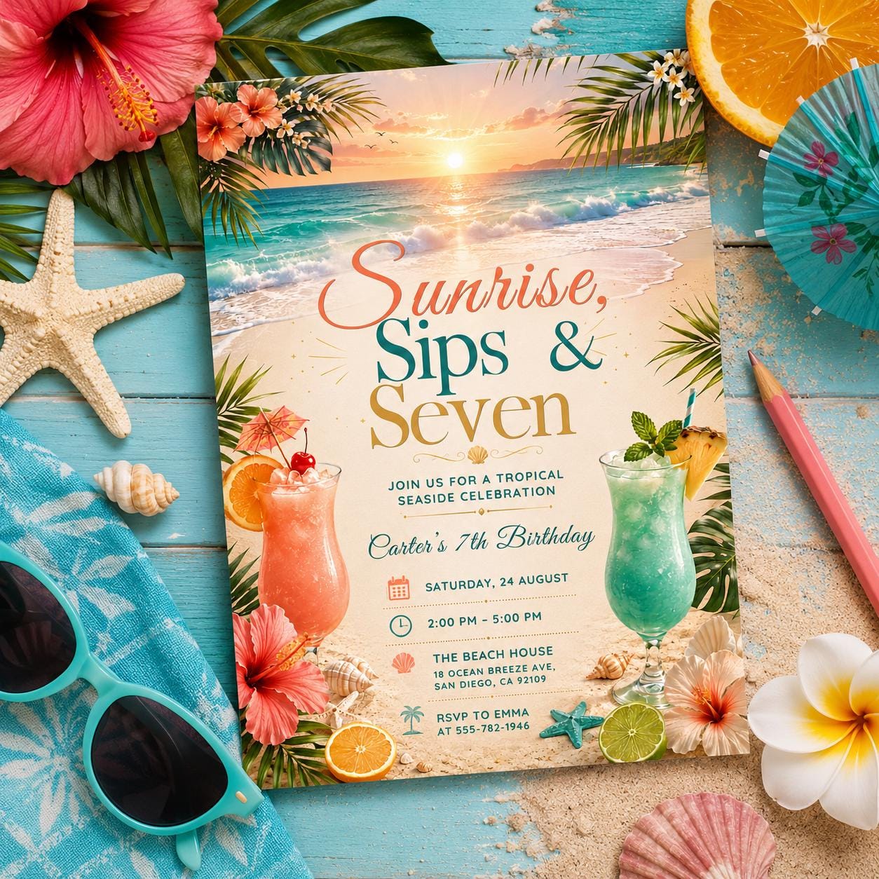Editable Tropical Birthday Invitation Canva Template, Girls Adult Summer Cute Modern Fun DIY Sweet Party Invite, Printable Digital Download.