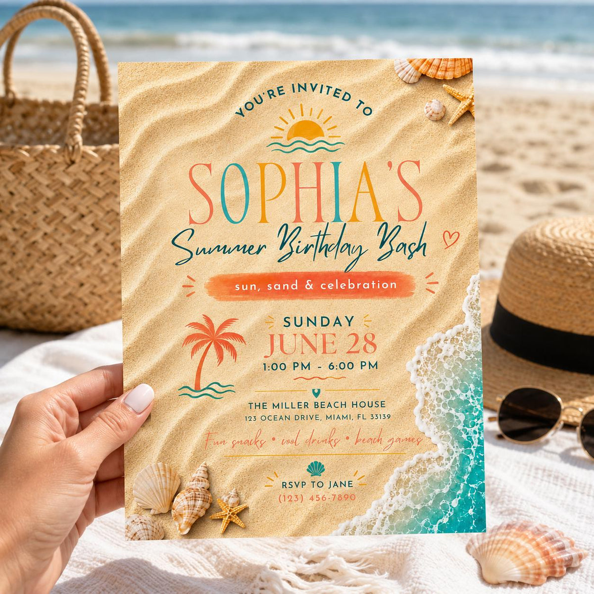 Editable Coastal Birthday Invitation Canva Template, Blue Girls Teens Beach Cute Fun DIY Chic Kids Party Invite, Printable Digital Download.