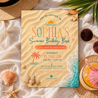 Editable Coastal Birthday Invitation Canva Template, Blue Girls Teens Beach Cute Fun DIY Chic Kids Party Invite, Printable Digital Download.