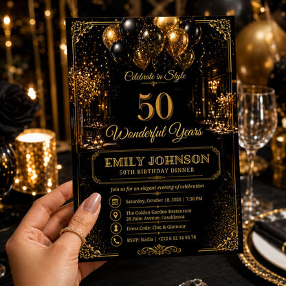 Editable Elegant Birthday Invitation Canva Template, Gold Black Boys Adult Cute Fun DIY Sweet Chic Party Invite, Printable Digital Download.