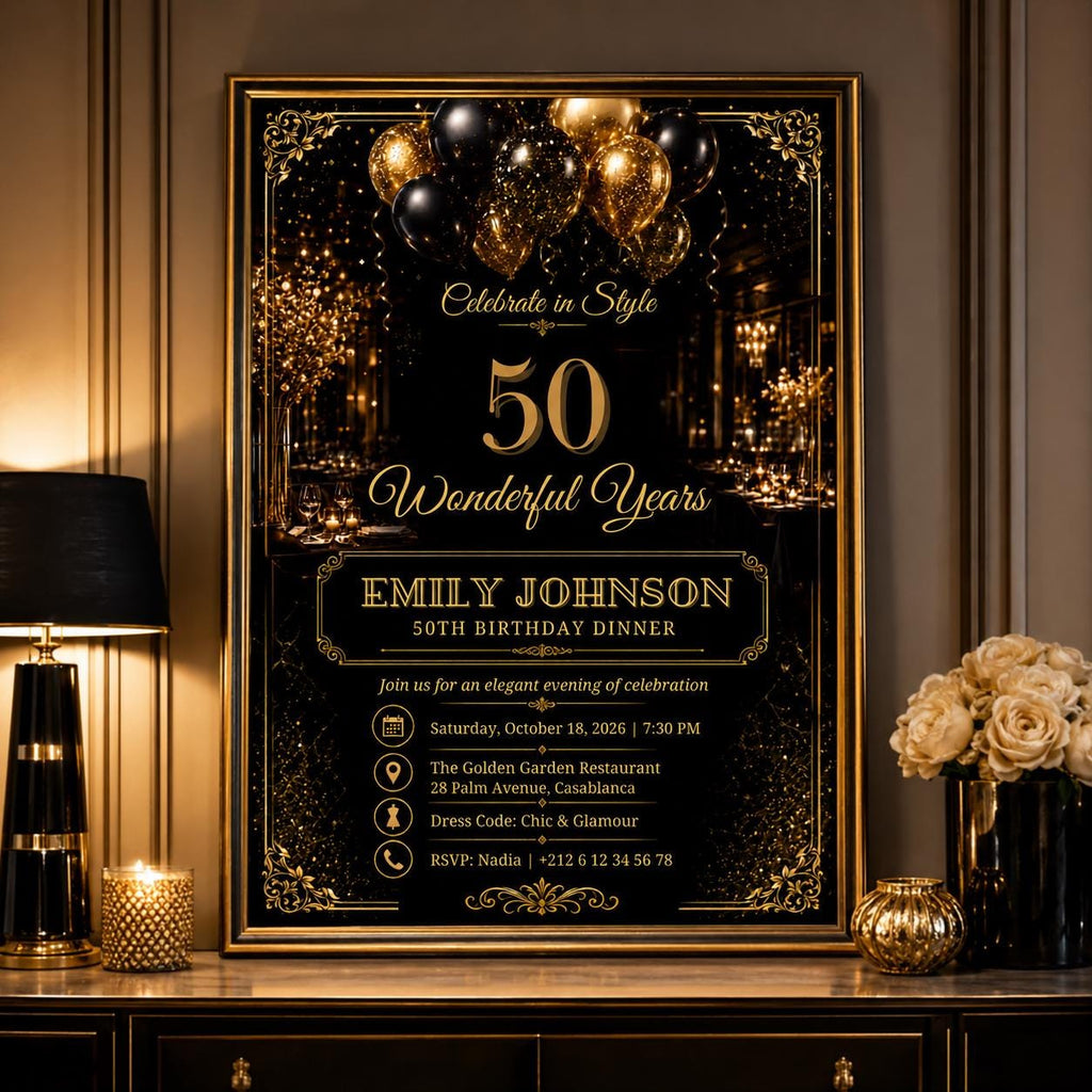 Editable Elegant Birthday Invitation Canva Template, Gold Black Boys Adult Cute Fun DIY Sweet Chic Party Invite, Printable Digital Download.