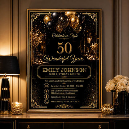 Editable Elegant Birthday Invitation Canva Template, Gold Black Boys Adult Cute Fun DIY Sweet Chic Party Invite, Printable Digital Download.
