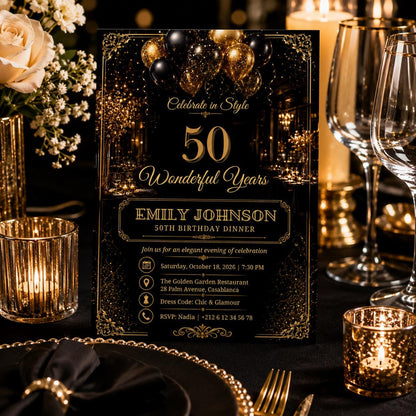 Editable Elegant Birthday Invitation Canva Template, Gold Black Boys Adult Cute Fun DIY Sweet Chic Party Invite, Printable Digital Download.